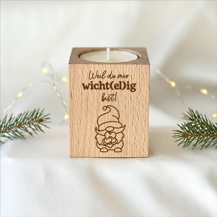 Weihnachtsgeschenk Mitarbeiter, Teelichthalter Holz „Weil du mir wichtelig bist“, Wichtelgeschenk für Kollegen & Team, Gastgeschenk