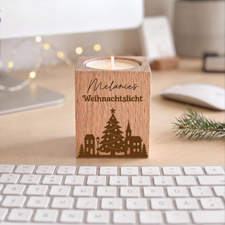 Gastgeschenk Weihnachten personalisiert – Teelichthalter Holz mit Name, Weihnachtslicht, Mitarbeitergeschenk & Wichtelgeschenk