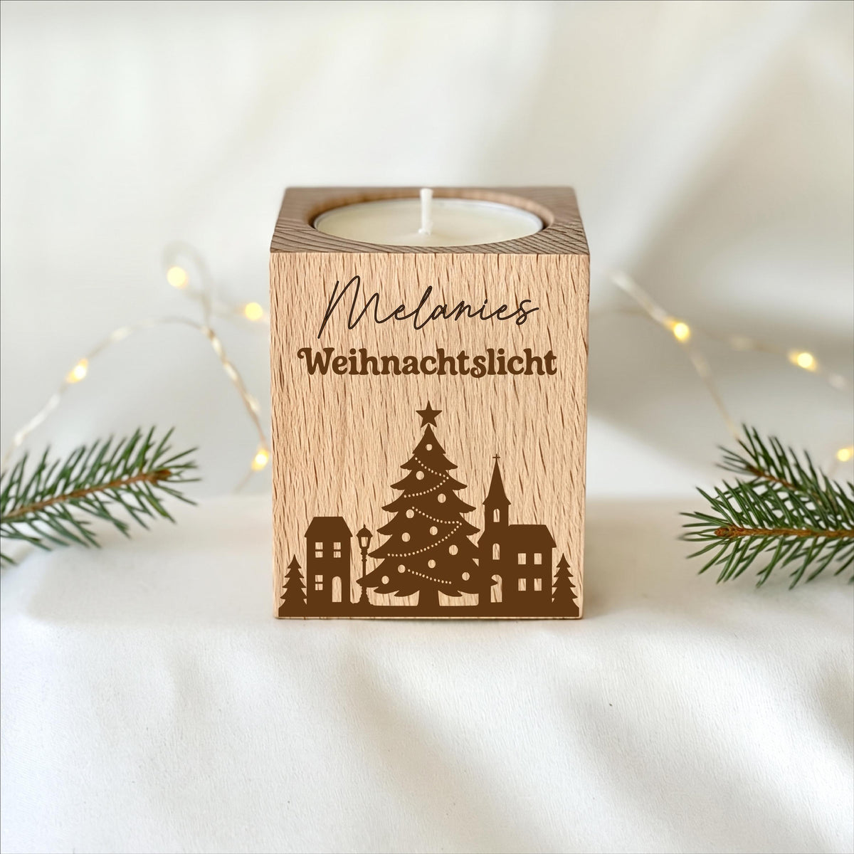 Gastgeschenk Weihnachten personalisiert – Teelichthalter Holz mit Name, Weihnachtslicht, Mitarbeitergeschenk & Wichtelgeschenk