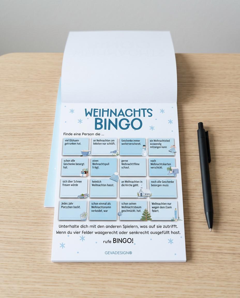 Weihnachtsbingo Spielblock DIN A5 – 25 Blatt – Weihnachtsspiel für Familie, Freunde & Weihnachtsfeier, Adventskalender Füllung, Wichteln