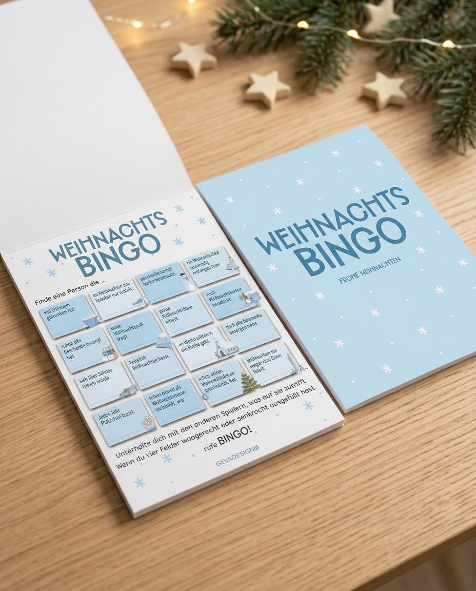 Weihnachtsbingo Spielblock DIN A5 – 25 Blatt – Weihnachtsspiel für Familie, Freunde & Weihnachtsfeier, Adventskalender Füllung, Wichteln