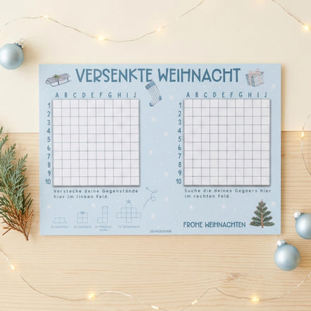 Versenkte Weihnacht, Schiffe versenken Spielblock DIN A4, 50 Blatt, Weihnachtsspiel, Adventskalender Füllung, Wichtelgeschenk, Teamgeschenk