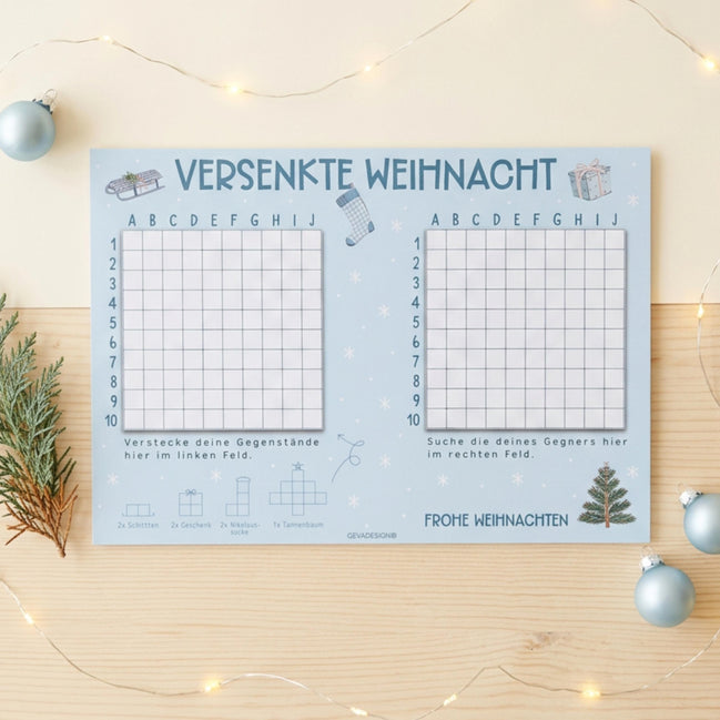 Versenkte Weihnacht, Schiffe versenken Spielblock DIN A4, 50 Blatt, Weihnachtsspiel, Adventskalender Füllung, Wichtelgeschenk, Teamgeschenk