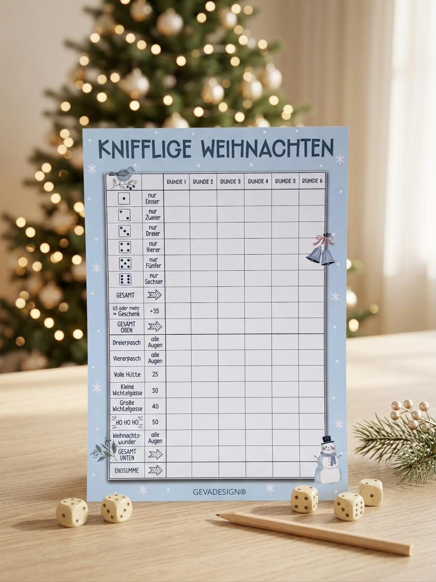 Knifflige Weihnachten Würfelspielblock DIN A5, 50 Seiten, Weihnachtsspiel Weihnachtsfeier, Wichtelgeschenk, Adventskalender Füllung