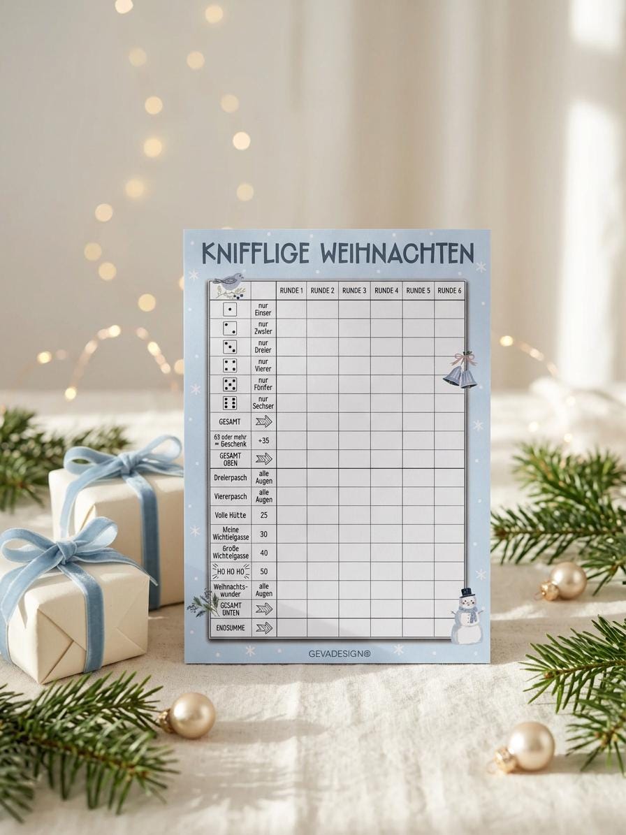 Knifflige Weihnachten Würfelspielblock DIN A5, 50 Seiten, Weihnachtsspiel Weihnachtsfeier, Wichtelgeschenk, Adventskalender Füllung