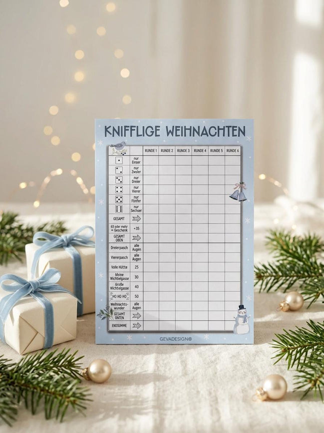 Knifflige Weihnachten Würfelspielblock DIN A5, 50 Seiten, Weihnachtsspiel Weihnachtsfeier, Wichtelgeschenk, Adventskalender Füllung
