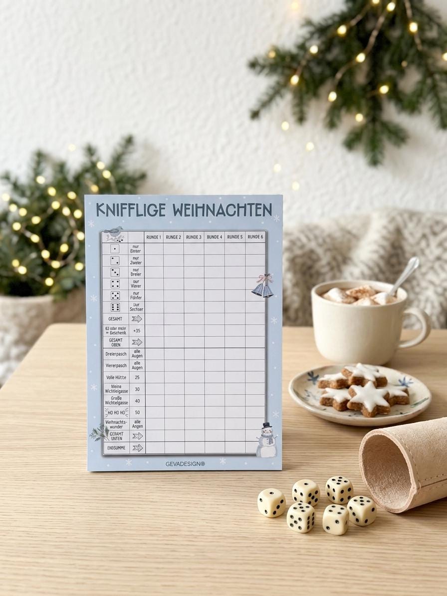 Knifflige Weihnachten Würfelspielblock DIN A5, 50 Seiten, Weihnachtsspiel Weihnachtsfeier, Wichtelgeschenk, Adventskalender Füllung
