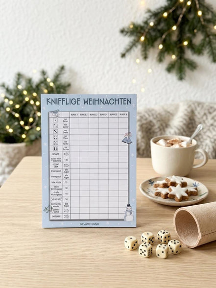 Knifflige Weihnachten Würfelspielblock DIN A5, 50 Seiten, Weihnachtsspiel Weihnachtsfeier, Wichtelgeschenk, Adventskalender Füllung