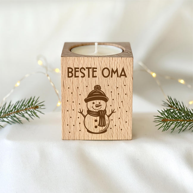 Weihnachtsgeschenk Oma / Opa – Teelichthalter Holz Beste Oma, kleines Geschenk für Oma von Enkelkindern, Weihnachtslicht mit Schneemann