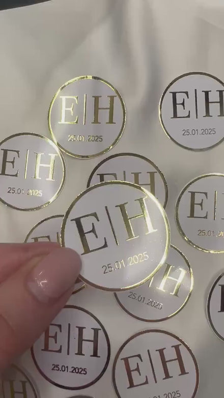 Personalisierte Etiketten für Gastgeschenke mit metallic Veredelung in gold, Hochzeit, Taufe,Sözümüz Söz, Verlobung, Initial & Datum
