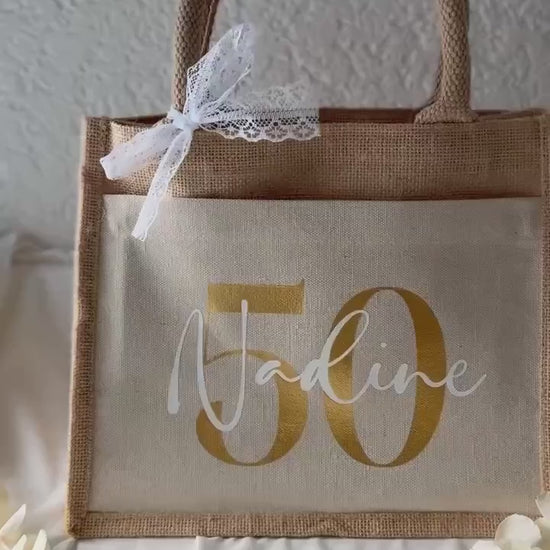 Runder Geburtstag Jute Tasche mit Namen – Tasche mit Name & Zahl, Geschenk Frau Geburtstag, Jubiläum Geschenk, 30, 40, 50, 60, 70, 80, 90,