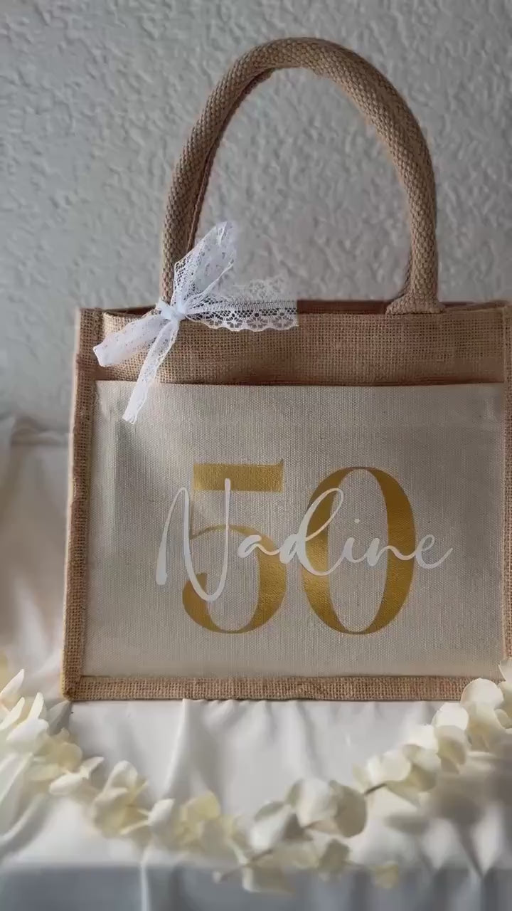 Runder Geburtstag Jute Tasche mit Namen – Tasche mit Name & Zahl, Geschenk Frau Geburtstag, Jubiläum Geschenk, 30, 40, 50, 60, 70, 80, 90,