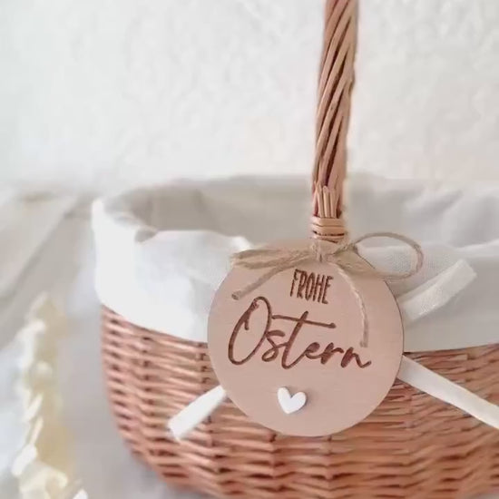 Personalisiertes Osterkörbchen & Holzanhänger, Frohe Ostern Gravur, Osterkorb Kinder Osternest mit Herz Anhänger, Ostergeschenk Kinder