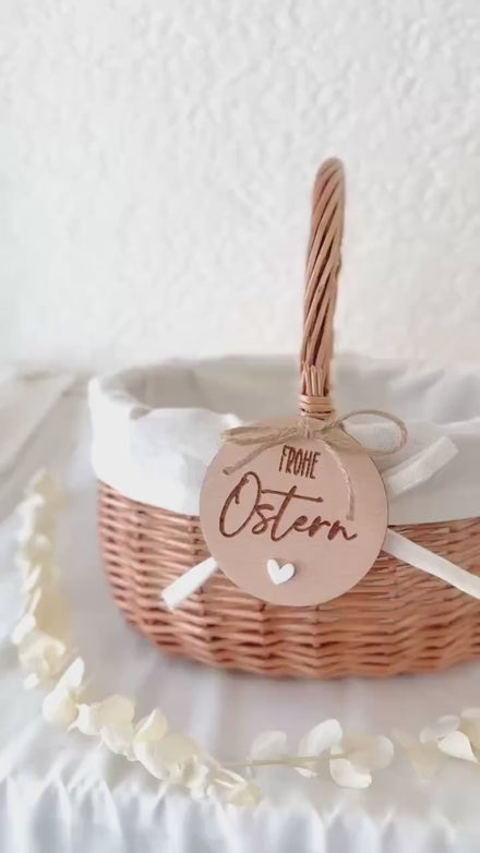 Personalisiertes Osterkörbchen & Holzanhänger, Frohe Ostern Gravur, Osterkorb Kinder Osternest mit Herz Anhänger, Ostergeschenk Kinder