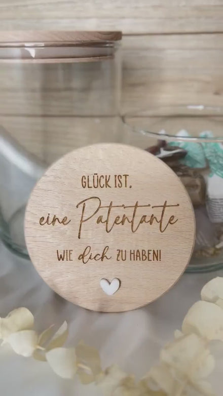Geschenk für Patentante oder Patenonkel – Vorratsglas mit Gravur – Dankeschön Paten – Glas mit Holzdeckel, Patentante Geschenk,