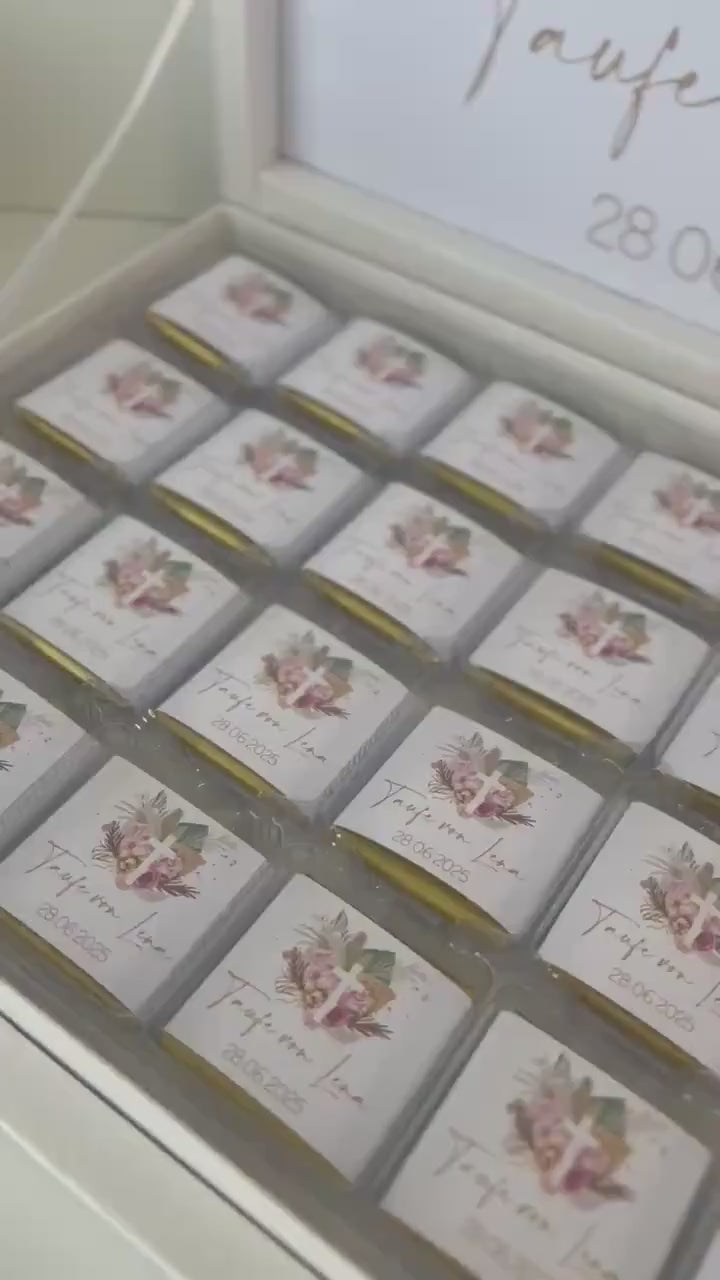 Personalisierte Schokobox Taufe Kommunion mit 24 oder 48 Vollmilch-Schokoladen – Personalisierbar mit Name & Datum – Boho Stil mit Goldkreuz