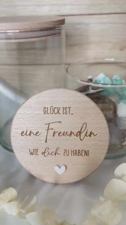 Freundschaft Geschenk Glas mit Gravur – Vorratsglas mit Holzdeckel – Geschenk für Freundin – personalisiertes Glas, Keksdose, Nervennahrung