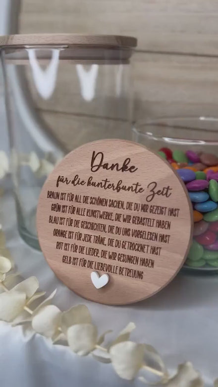Dankeschön Geschenk Erzieherin – Vorratsglas mit Gravur – Kunterbunte Zeit– Abschiedsgeschenk Kita, Kindergarten Abschied Keksdose Naschglas