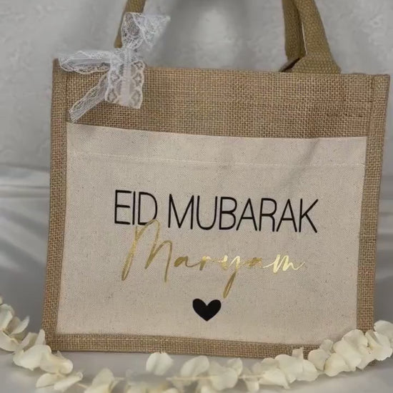 Eid Mubarak Jutetasche personalisiert – Geschenk Tasche mit Name & Herz, Eid Geschenk Kinder Erwachsene, Ramadan Zuckerfest, Bayram, Bajram