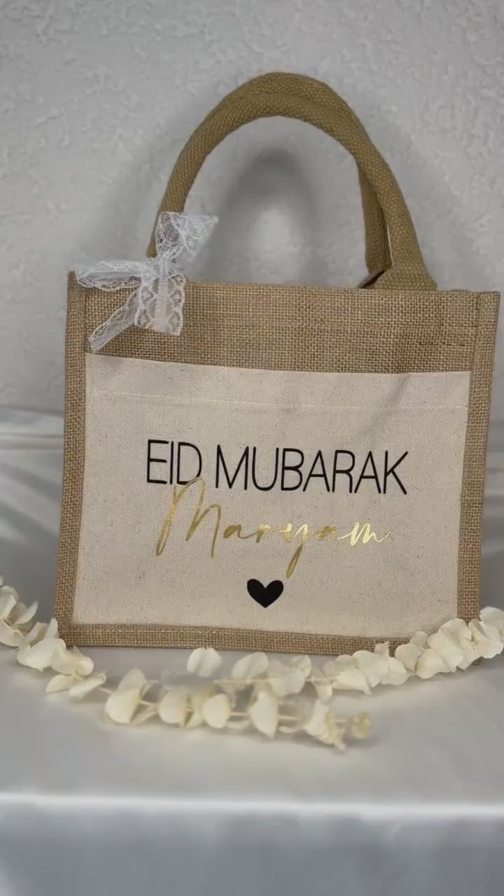 Eid Mubarak Jutetasche personalisiert – Geschenk Tasche mit Name & Herz, Eid Geschenk Kinder Erwachsene, Ramadan Zuckerfest, Bayram, Bajram