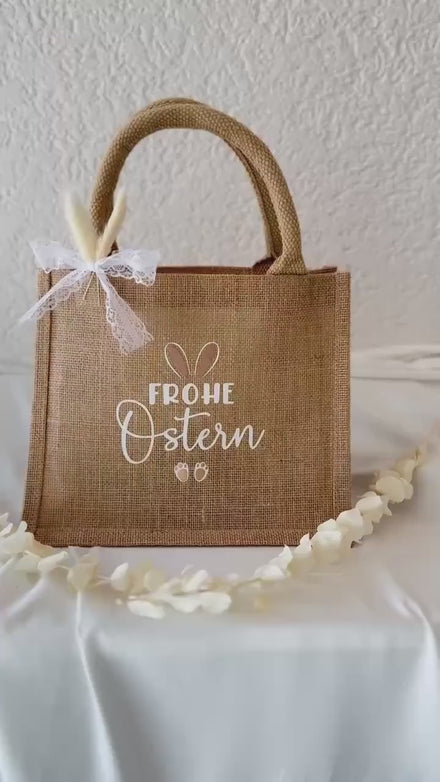 Frohe Ostern Jutetasche – Osterkorb Kinder, Ostertasche für Ostereiersuche, Osternest Alternative, Ostergeschenk Tasche, Mitarbeitergeschenk
