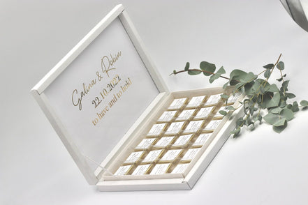 Personalisierte Schokobox in Weiß mit Goldveredelung I Hochzeit I Geburtstag I Taufe I Mit Namen I Gastgeschenke I Schokolade I Etikett