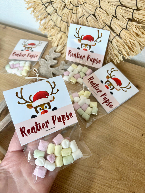 Gastgeschenk Weihnachten Mitgebsel "Rentier Pupse" Marshmallows bunt Werbegeschenk Mitarbeitergeschenk Firmenfeier