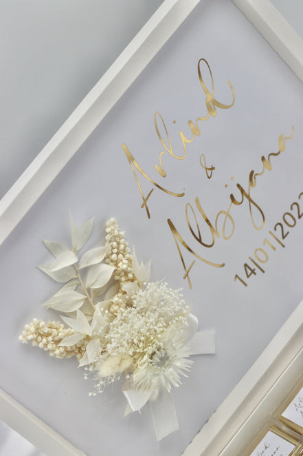 Gastgeschenk Hochzeit Verlobung Schokobox mit Trockenblumen Weiß Gold Geburtstag personalisiert mit Namen