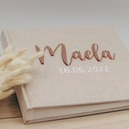 Baby & Kinder Fotoalbum personalisiert oder Gästebuch mit Acryl Schriftzug - mit Wunschtext - mein erstes Jahr - Leinenbuch - 60 Seiten