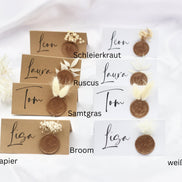 Platzkarte Namensschild Hochzeit Taufe Geburtstag mit Trockenblumen und Wachssiegel