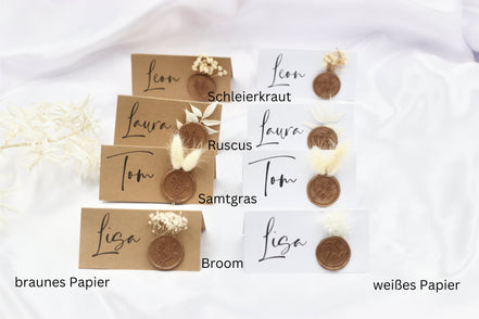 Platzkarte Namensschild Hochzeit Taufe Geburtstag mit Trockenblumen und Wachssiegel