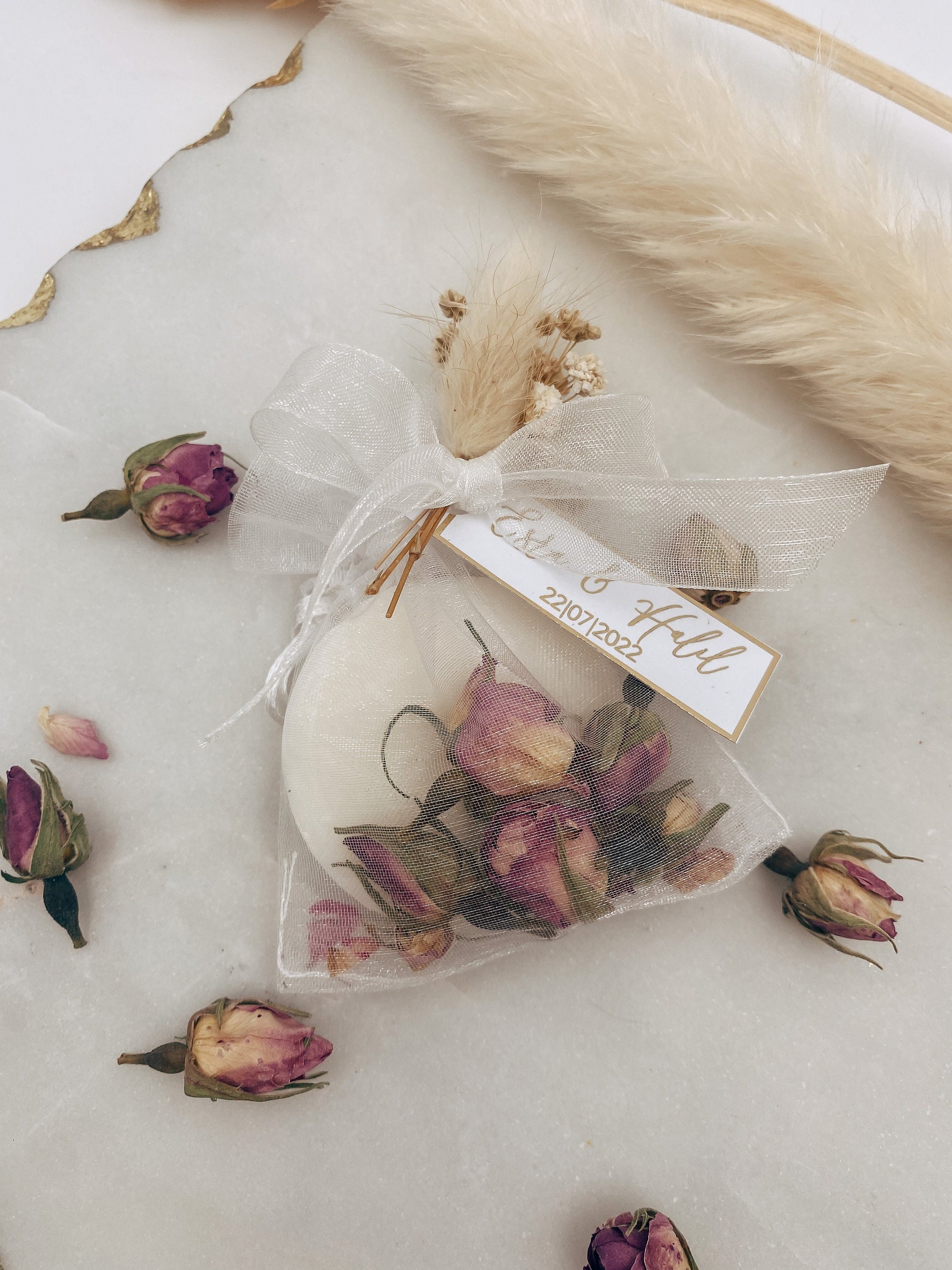 Seifenbeutel mit Rosenknospen & Metallic Veredelung - Gastgeschenke - Hochzeit Taufe Kommunion Verlobung Geburtstag Jubiläum