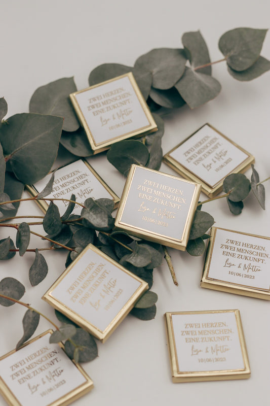 Gastgeschenk (10 Stk.) Wunschtext Hochzeit Taufe Schokolade Gold oder Silberveredelung