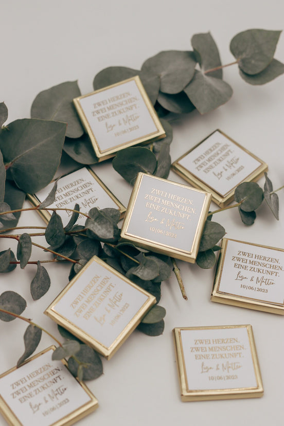 Gastgeschenk (10 Stk.) Wunschtext Hochzeit Taufe Schokolade Gold oder Silberveredelung