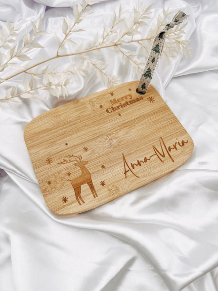 Weihnachten Frühstücksbrett personalisiert mit Namen, Rentier & "Merry Christmas" - Schneidebrett - Bambus - Wichtelgeschenk
