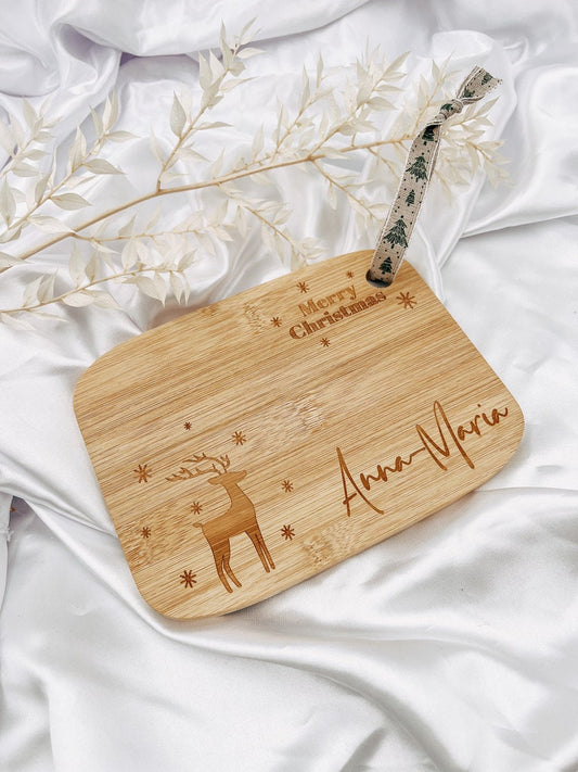 Weihnachten Frühstücksbrett personalisiert mit Namen, Rentier & "Merry Christmas" - Schneidebrett - Bambus - Wichtelgeschenk