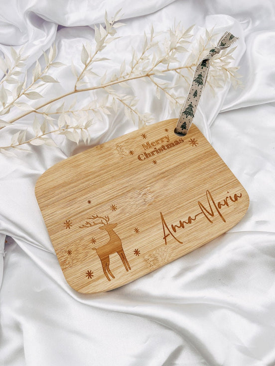 Weihnachten Frühstücksbrett personalisiert mit Namen, Rentier & "Merry Christmas" - Schneidebrett - Bambus - Wichtelgeschenk