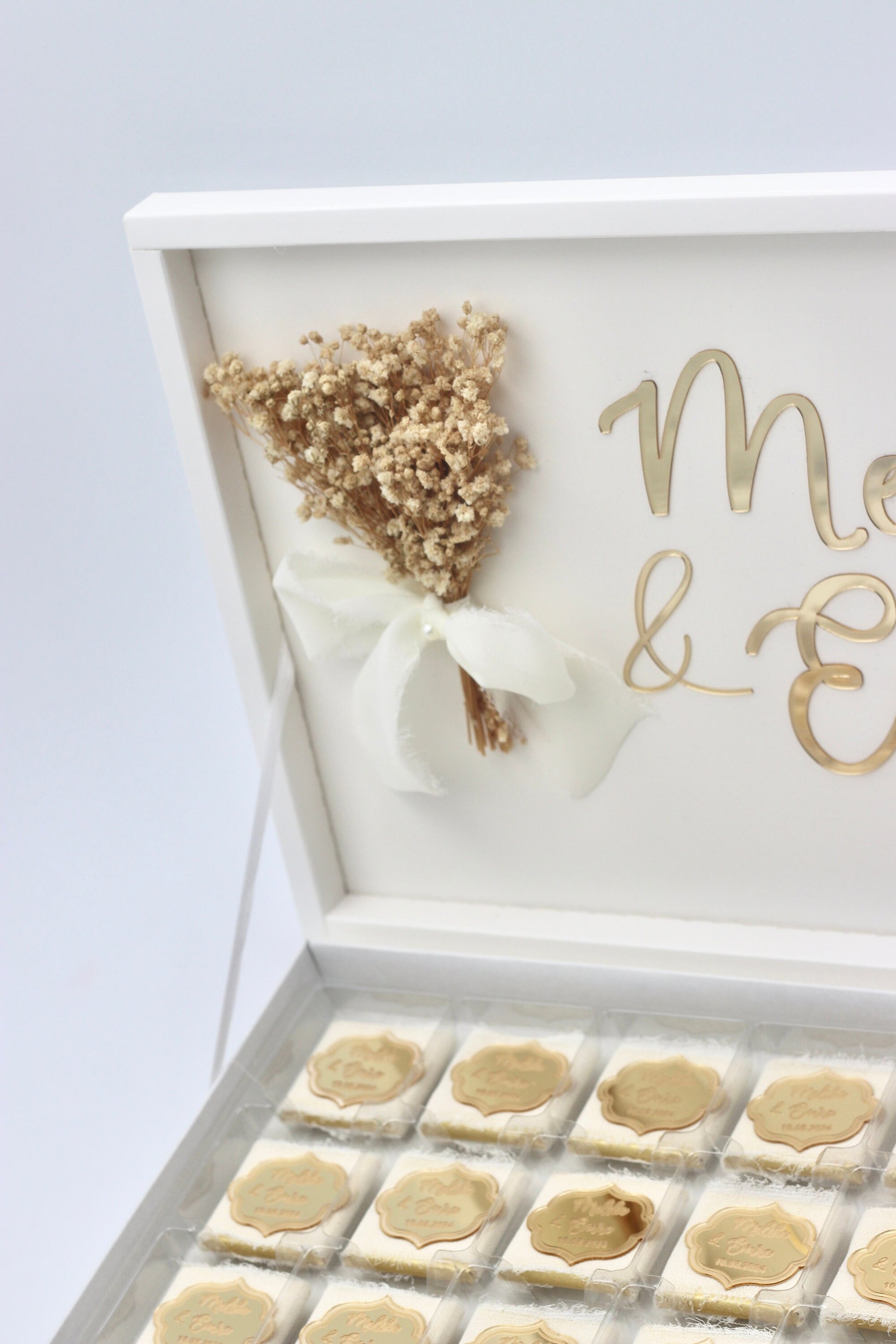 Schokobox mit Acrylnamen & Ornamenten - Gastgeschenk Hochzeit Verlobung Geburtstag - Sözümüz Söz