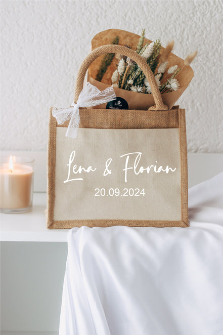 Geschenk zur Hochzeit - Jutetasche mit Namen des Brautpaars - Personalisiertes Geschenk