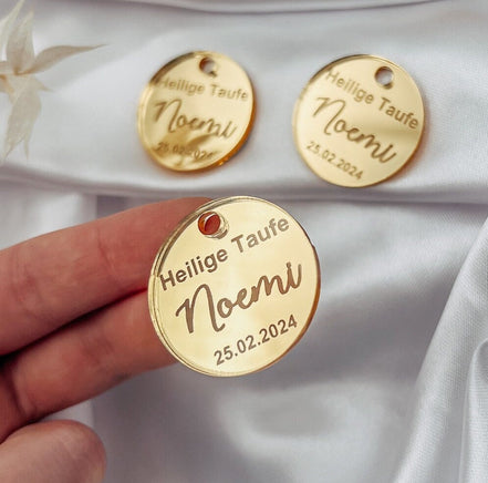 Anhänger Taufe Kommunion in Gold mit Gravur für Gastgeschenke & Einladungskarten / Taufdeko Heilige Taufe Baptism