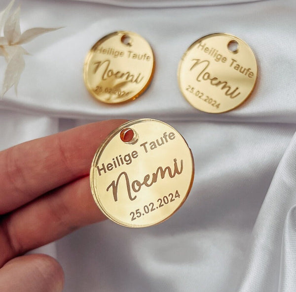 Anhänger Taufe Kommunion in Gold mit Gravur für Gastgeschenke & Einladungskarten / Taufdeko Heilige Taufe Baptism