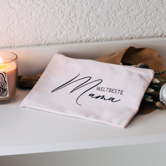 Weltbeste Mama Kulturtasche in rosa mit silbernen Satininnenfutter - Geschenk Mama Muttertag - Danke Mama